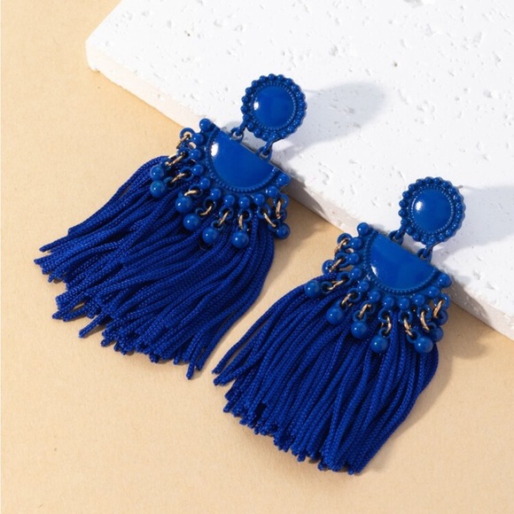 Jewelry - NEW Dreaming in Blue Bead & Geometric Decor Metal Tassel Drop Earrings